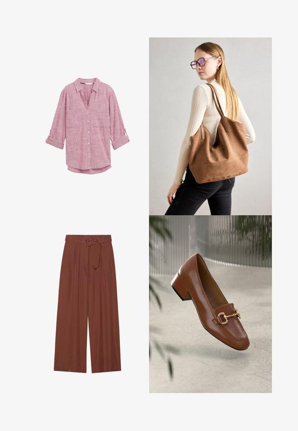 Rood-wit geruite blouse met lange mouwen, voorzien van een V-hals en twee voorzakken, gemaakt van lichtgewicht stof.; Brunnen wijduitlopende broeken van stof, met een riem met een vierkante gesp, geplooid ontwerp en een gladde textuur.; Bruine lakleren loafer met vierkante neus, metallic kettingaccent en lage blokhak; gladde textuur, minimalistisch ontwerp.; Bruine suède totebag met zachte textuur, grote opening en lange hengsels. Het heeft een eenvoudig ontwerp met zichtbare stiksels en geen hardware.