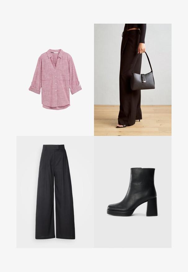 Piros és fehér kockás gombos ing, hosszú ujjakkal, V-nyakkal és két elülső zsebbel, könnyű anyagból készült.; Sötét, bő szárú nadrág, struktúrált derékvonallal és redőkkel. Könnyű anyagból készült, sima tapintású, további látható minták nélkül.; Fekete bőr bokacsizma tömbsarkal és platform talppal, oldalról nézve, sima fehér háttéren.; Fekete kézi táska strukturált formával, sima textúrával és fémből készült záródással. Széles fekete nadrággal és nyitott orrú szandállal párosítva, fából készült padlón.