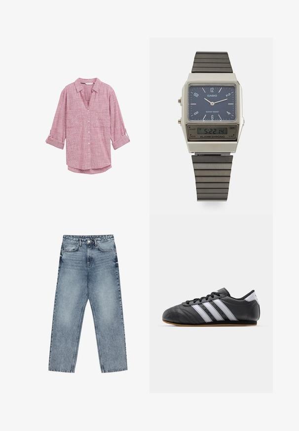 Red and white checked button-up shirt with long sleeves, featuring a V-neck and two front pockets, made of lightweight fabric.; Light blue denim jeans with a straight leg cut, visible stitching, five pocket design, and a button closure at the waist.; Black leather sports shoe with white stripes, round toe, flat sole, and lace closure. Features perforations for breathability.; Casio digital watch with a blue dial, silver case, and layered black rubber strap. Displays time and alarm settings. Water resistant.