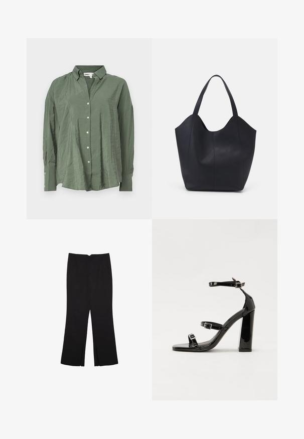Camicia button-up verde con colletto in tessuto leggero e una leggera texture stropicciata. Presenta maniche lunghe e bottoni bianchi lungo la parte anteriore.; Pantaloni neri a gamba dritta, con tasche frontali e spacchi laterali all'orlo. Realizzati in tessuto morbido e liscio. Adatti a diverse occasioni.; Sandali con tacco in vernice nera, con punta squadrata, cinturini alla caviglia e fibbie in argento. Presentano un tacco a blocco spesso per maggiore stabilità.; Borsa tote nera realizzata in pelle liscia, con una parte superiore curva e aperta, dotata di due manici per spalla e un design minimalista.