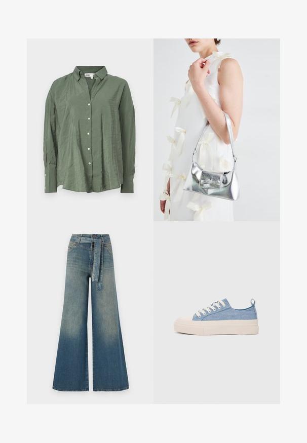 Green, collared button-up shirt in lightweight fabric with a slightly wrinkled texture. Features long sleeves and white buttons down the front.; Wide-leg denim trousers featuring a light to dark blue gradient, high waist, belt loops, and a matching fabric belt. Textured denim finish.; Light blue canvas sneakers with a cream rubber toe cap and outsole, featuring white laces and a pull tab on the heel.; Silver metallic handbag with a structured shape, featuring a top handle and bow detail on the front. Smooth texture, reflective finish.