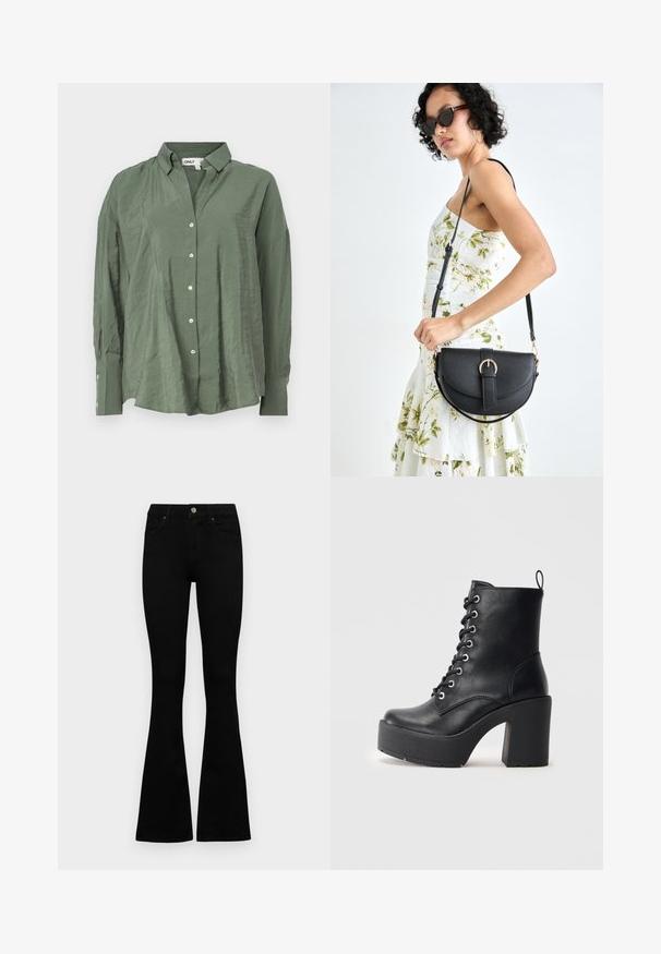 Camisa verde com colarinho, abotoada na frente, feita de um tecido leve com uma textura ligeiramente amarrotada. Apresenta mangas longas e botões brancos na frente.; Jeans pretos de cintura alta com fecho de botão e zíper, bolsos frontais e pernas largas dispostos em cima de um fundo branco.; Botim de pele preta até ao tornozelo com um salto bloco chunky, frente com atacadores e superfície texturizada. Apresenta uma lingueta na parte de trás para um uso fácil.; Bolsa de couro preta com forma curva, alça destacável e detalhes em dourado. A bolsa possui uma aba com detalhe de fivela.