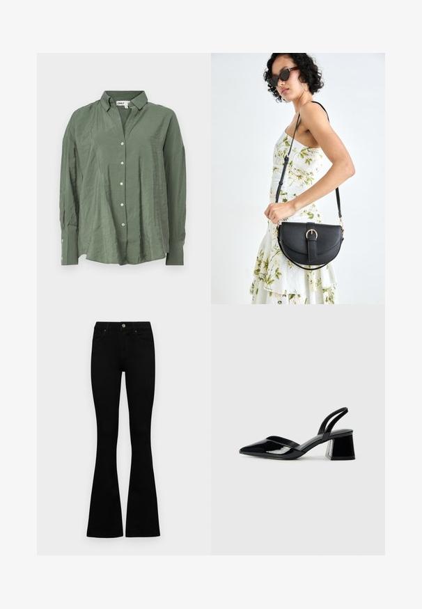 Green, collared button-up shirt in lightweight fabric with a slightly wrinkled texture. Features long sleeves and white buttons down the front.; Black high-waist jeans with a button and zip closure, front pockets, and flared legs laid flat on a white background.; Black patent leather slingback heels with a pointed toe and a geometric block heel. Features a sleek, minimal design and smooth texture.; Black leather handbag with a curved shape, detachable strap, and gold hardware. The bag features a flap with a buckle detail.