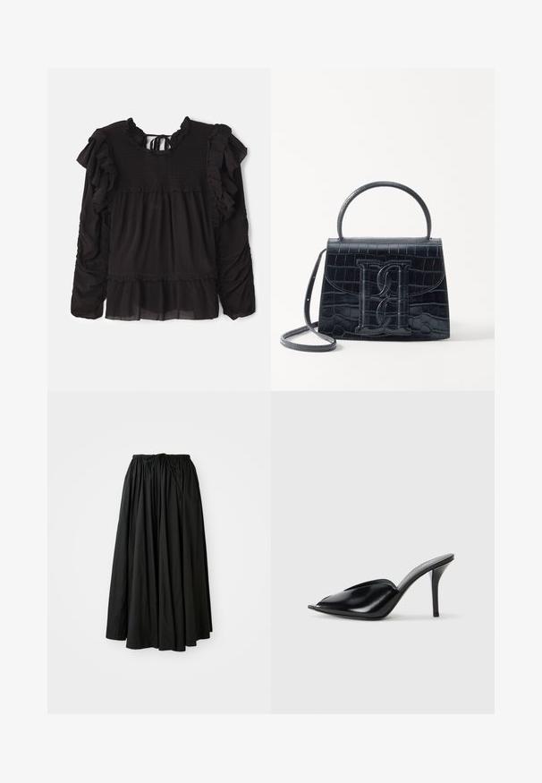 Czarna bluzka z falbankami, marszczonym wykończeniem w okolicy biustu, długimi rękawami i falbaniastym dołem z przezroczystym detalem.; Czarna spódnica do kostek, wykonana z lekkiego materiału. Wyposażona w marszczoną talię z sznurkiem do regulacji dopasowania oraz rozkloszowany krój.; Czarne skórzane mule na wysokim obcasie z odkrytym palcem, w szpiczastym designie, gładkiej teksturze i smukłym obcasie szpilce.; Czarna torebka z tłoczonej skóry krokodyla o zorganizowanej konstrukcji, z górnym uchwytem, regulowanym paskiem i wyraźnym detalem z logo z przodu.