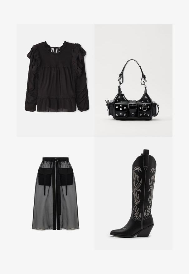 Schwarze Bluse mit Rüschendetails, gerafftem Stoff am Oberteil, langen Ärmeln und einem gestuften Saum mit transparenten Stoffelementen.; Schwarzer transparenter Rock mit einem gerafften Taillenbund, der zwei große Fronttaschen, einen Taillenkordel und ein kreisförmiges Metallakzent aufweist.; Schwarze Leder-Cowboy-Stiefel mit spitzen Zehen, Keilabsätzen und silbernen, gestickten Blumenmustern entlang des Schafts. Kontrastnähte über das gesamte Design.; Schwarze Lederhandtasche mit einem geschwungenen Design, verziert mit silbernen Nieten, einer Schnalle und zwei seitlichen Taschen. Verstellbarer Träger für verschiedene Tragemöglichkeiten.