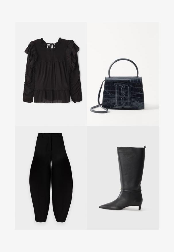 Black blouse featuring ruffled accents, smocked texture at the bodice, long sleeves, and a tiered hem with sheer fabric detail.; Black wide-leg trousers with a high waist, pleated front, and tapered ankles. Made from smooth fabric with a matte finish.; Black leather knee-high boot with a pointed toe, accented by a circular strap around the ankle and a low, tapered heel. Smooth texture.; Black crocodile-embossed leather handbag with a structured design, top handle, adjustable strap, and a prominent front logo detail.
