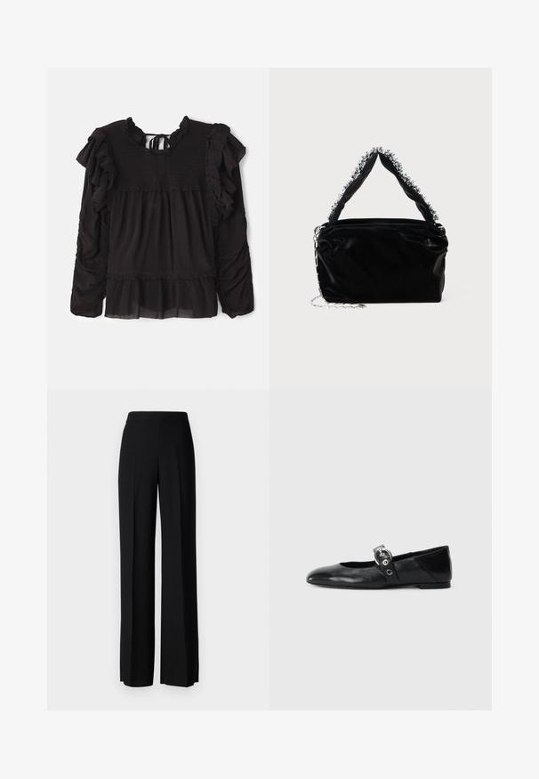 Čierna blúzka s volánikmi, smockovanou štruktúrou na prednej časti, dlhými rukávmi a vrstveným lemom s priehľadným detailom.; Čierne široké nohavice s hladkým povrchom, s vysokým pásom a stredovými skladmi. Žiadne viditeľné vzory ani hardvérové detaily.; Čierne kožené baletky s špicatou špičkou, so pásikom s okrúhlou kovovou sponou a plochou podrážkou.; Čierna kabelka z umelého kože s textúrovaným povrchom, s perlovým strieborným akcentom pozdĺž vrchnej rukoväte a reťazovým popruhom.