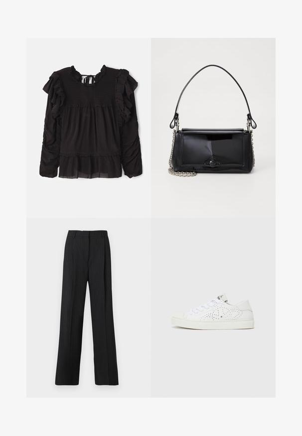 Black blouse featuring ruffled accents, smocked texture at the bodice, long sleeves, and a tiered hem with sheer fabric detail.; Black pinstriped trousers with a relaxed fit, featuring a flat front, two side pockets, and a smooth fabric texture.; White low-top sneakers with perforated design, flat laces, and a textured rubber sole. Features a minimalistic style and soft finish.; Black patent leather handbag with a rectangular shape, chain strap, and a distinctive hardware accent in the center. Smooth texture.