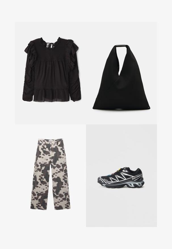 Fekete blúz fodros részletekkel, ráncolt textúrával a mellrészen, hosszú ujjakkal és réteges szegéllyel, áttetsző anyag részletekkel.; Bézs színű, széles szabású farmernadrág barna tehénmintával. Gombos záródással és öt zsebes kialakítással rendelkezik. Denim szövetből készült.; Fekete futócipő ezüst kiegészítőkkel, GORE-TEX anyagból, struktúrált talppal és színes fűzőkkel. Párnázott sarokkal rendelkezik a támasz érdekében.; Fekete szövet bevásárlótáska egy egyedi V-alakú dizájnnal és sima textúrával. Rövid kezelővel rendelkezik, minimalista fémrészekkel.