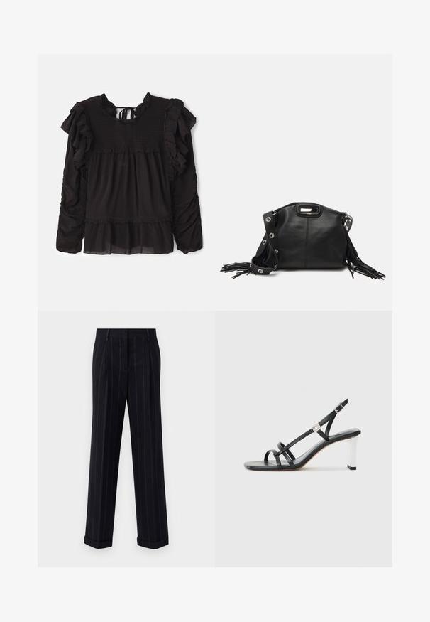 Melna blūze ar rievotām akcentiem, smocka tekstūru pie krūšu daļas, garām piedurknēm un slāņotu apakšmalu ar caurspīdīgas auduma detaļām.; Melnas pinstrīpu bikses ar pielāgotu piegriezumu, ar apgāztu apakšmalu un priekšējām kroku detaļām. Izgatavotas no gludas auduma ar struktūrētu dizainu.; Melni papēžu sandales ar vairākiem šauriem siksniņām, slingback dizains un sudraba akcenti uz papēža. Gluda augšējā materiāla un kvadrātveida papēdis.; Maje MISS MINI - Plecu soma - noir
