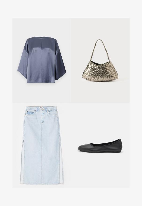 Harmaat satiinipusero rentona istuvuutena, jossa on pyöreä pääntie ja hienovarainen etuhalkio. Hihoissa on kyynärpään pituus.; Valkoinen puuvillapaita, jossa on pyöreä kaula-aukko ja lyhyet hihat, rento malli ja minimalinen muotoilu. Tuotetunnus näkyvissä kaulassa.; Vaaleansininen farkkumaxi-hame, jossa on suora leikkaus, sivuaukot ja viisitaskumallinen muotoilu. Korostetut saumat ja metallinappikiinnitys.; Musta nahkainen ballerina, jossa on pyöristetty kärki, sileä pinta, minimaalinen ommelkoristelu ja joustava pohjamuotoilu.; Metallinen kudottu käsilaukku kolmiomaisella muotoilulla, jossa on punottu hihna ja samettivuorattu sisus. Väri: hopea. Kosti: sileä ja kankaanomainen.