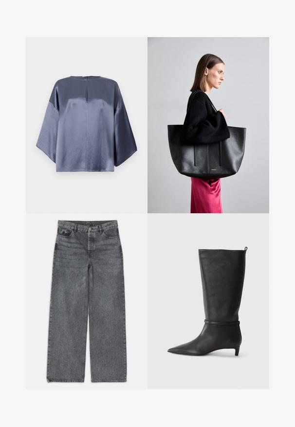 Pilkas satino palaidinės viršus su laisvu siluetu, apvalia iškirpte ir subtilia priekinėmis plyšiu, iki alkūnės ilgio rankovėmis.; Platus kojų džinsai tamsiai pilko džinsinio audinio. Yra aukšta liemenė, penkių kišenių dizainas ir priekinis sagčių uždarymas. Lygus paviršius su subtiliu dėvėjimosi efektu.; Juodas odinis iki kelių botas su smailiu batu, akcentuotas apvaliu diržu aplink kulkšnį ir žemu, siaurėjančiu kulnu. Lygi tekstūra.; Juodas odinis rankinės modelis su tekstūruotu paviršiumi, turintis dvi vertikalias linijas, dvi petinių dirželių poras ir minimalistinį dizainą.