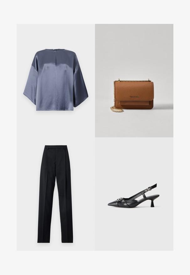 Sudraba satīna tops ar brīvu piegriezumu, ar apaļu izgriezumu un mazu priekšējo spraugu, līdz elkoni garām piedurknēm.; Melnas bikses, izgatavotas no gludas auduma, ar augstu vidukli, platiem bikšu galdniekiem, priekšējiem krokām un klasiskām jostu cilpām. Sānu kabatas nav redzamas.; Melnas ādas šlipsveida kurpes ar norādītu purngalu, dekoratīvām joslām ar metāla acīm un zemu bloku papēdi. Teksturēta virsma.; Brūna teksturēta ādas plecu soma ar zelta ķēdes siksnu un atloka aizdari. Priekšpusē ir logotipa detaļa un kabata zem atloka.