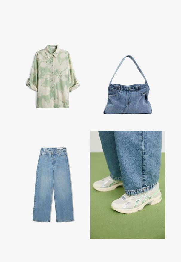 Kurzärmliges Knopfhemd in Hellgrün mit floralem Muster, featuring weiße und dunklere grüne Blumen sowie einem klassischen Kragen.; Hellblaue weite Jeans aus Denim, mit hoher Taille, fünf Taschen, Knopfverschluss und dezentem Verblassen für Textur.; Weiße und silberne Netzsneaker mit grünen Akzenten, kombiniert mit lockeren blauen Jeans, stehen auf einem grünen Teppichboden.; Denim Schultertasche mit einem gebogenen Tragegurt, zwei Vordertaschen und einem geknöpften Oberteil, ausgestattet mit hellblauem Stoff und kontrastierenden Steppnähten.