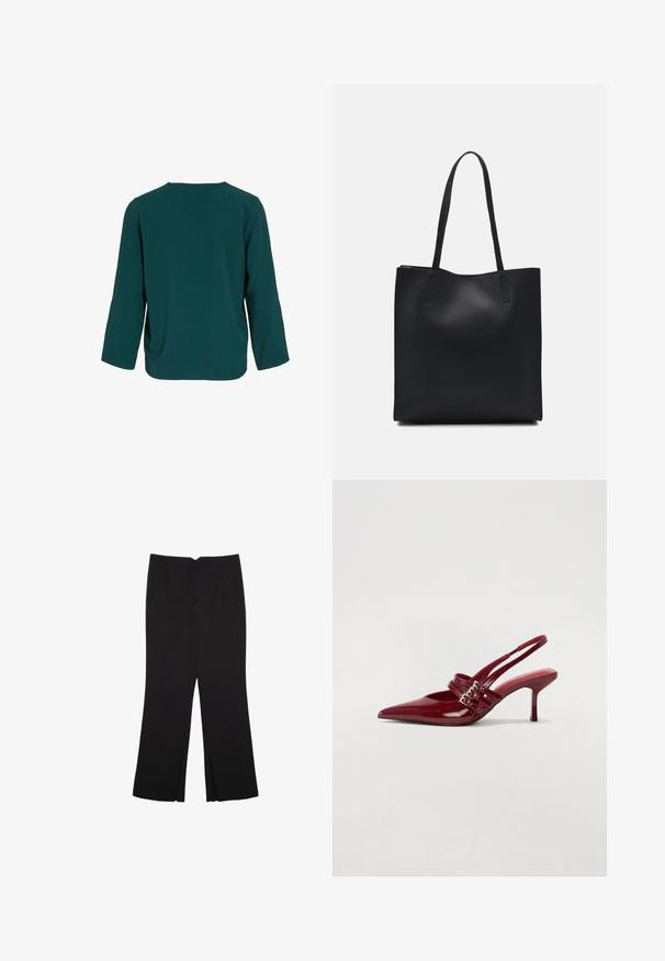Teal dolgimi rokavi top iz teksturiranega materiala. Ima krožni izrez in sproščen kroj z spuščenimi ramenskimi šivi, brez vidnih zapor.; Črne hlače ravnega kroja z naglavnimi žepi in stranskimi razporki na robu. Narejene iz mehke, gladke tkanine. Primerne za različne priložnosti.; Rde lakirane sandalete na peto s ostrim nosom, dvema sponkami in tanko, srednje visokim peto središče. Gladka tekstura.; Črna usnjena torba s svilnato teksturo, pravokotne oblike in dvema dolgima ročajema. Brez vidnih metalnih delov ali okrasnih elementov.