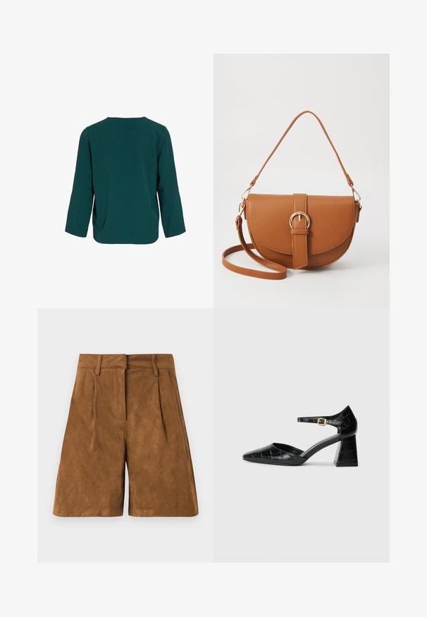 Teal langermet topp laget av teksturert stoff. Har rund hals og avslappet passform med senket skuldersøm, ingen synlige lukkinger.; Brune semsket shorts med en glatt tekstur, som har frontfalter, en flat livlinje og en rett snitt.; Svart lakkert høye hæler med spiss tupp, ankelstropp og teksturert krokodilleskinn-mønster. Design med firkantet blokkhæl.; Brun lærcrossbody-veske med en buet form, gullhardware og et spenneakcent. Har en avtakbar skulderreim.
