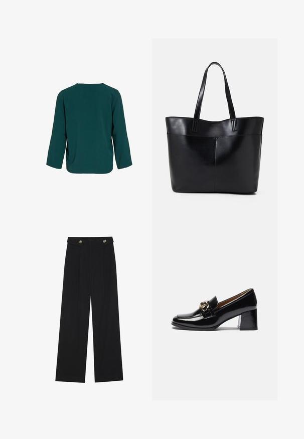 Teal langermet topp laget av teksturert stoff. Har rund hals og avslappet passform med senket skuldersøm, ingen synlige lukkinger.; Svart vide bukser med høy midje, knappdetaljer på midjebåndet og frontplisser.; Svarte lakkloafers med hæl som har rund tå, kraftigere hæl og en gulldetalj på frontreimen.; Svart lær toteveske med to lange håndtak, en glatt tekstur og en strukturert form. Har en frontlomme for ekstra oppbevaring.