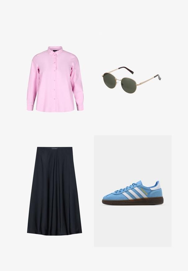 Pitkähihaisesta, vaaleanpunaisesta puuvillapuserosta, jossa on napitus edessä, kauluskanta ja rento malli. Teksturoitu, sileä kangas.; Mustat, polvipituiset hameet, jotka on valmistettu kevyestä kankaasta ja joissa on läpikuultava muotoilu. Ominaisuuksina sileä tekstuuri ja hienovaraiset laskokset lisäyksinä.; Vaaleansiniset mokkasiinit, joissa on valkoiset nahkastripit, ruskea teksturoitu pohja ja kultainen logotiedote. Matala malli, jossa on pyöreä kärki.; Pyöreät aurinkolasit, joissa on metalliset kultakehykset ja tummanvihreät linssit. Kärjissä on kilpikonnakuosiset yksityiskohdat lisätyylinä.; Musta tekonahkalaukku, jossa on tikattu pinta, kaareva muoto, hopeinen ketjuolkaintai ja pieni logovariointi etupuolella.