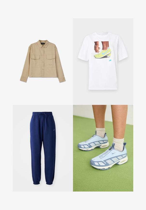 Béžová košile s dlouhým rukávem vyrobená z měkké látky, se zapínáním na knoflíky, dvěma náprsními kapsami a rovým lemem. Diskrétní výšivka loga v přední části.; Bílý bavlněný tričko s grafikou nohou v žlutých kopačkách Nike s modrými akcenty, doplněné náramkem na levém zápěstí.; Tmavě modré tepláky vyrobené z měkké látky, se elastickým pasem se šňůrkou, elastickými manžetami a malým bílým logem.; Světlé modré sportovní boty s bílými akcenty, texturovanými panely a zipovým uzávěrem. Obsahují viditelnou vzduchovou výplň v podrážce a gumovou podešev.