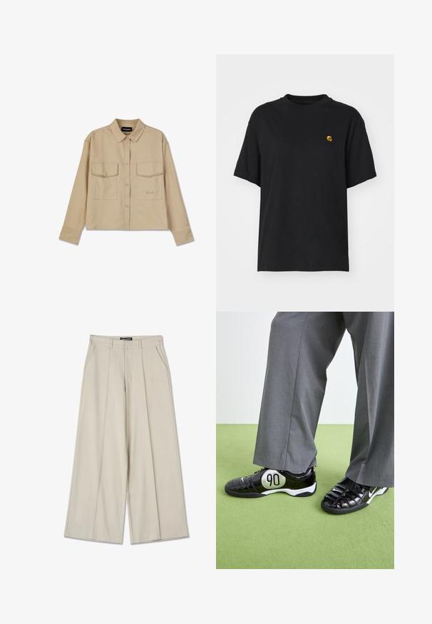 Bež pikk-sleeve särk, mis on valmistatud pehmest kangast, sisaldab nööbikinnitust, kahte rinnataskut ja sirget hemmi. Ees on diskreetne logode ärritus.; Must must särk lõdva lõikega. Omab ümmargust kaelust ja lühikesi varrukaid. Rinnal on väike kuldne tikandiga logo.; Beezhised aluspüksid, millel on ees venitusõmblused, kaks küljetaskut ja brändi nimi "PEGADOR" broderitud esipinnale. Sile tekstuur.; Mustad nahast mustad spordijalatsid hõbedase "90" detailiga, millel on tekstuuriga pind ja seotud disain, mille juurde on sobitatud hallid laiad püksid.