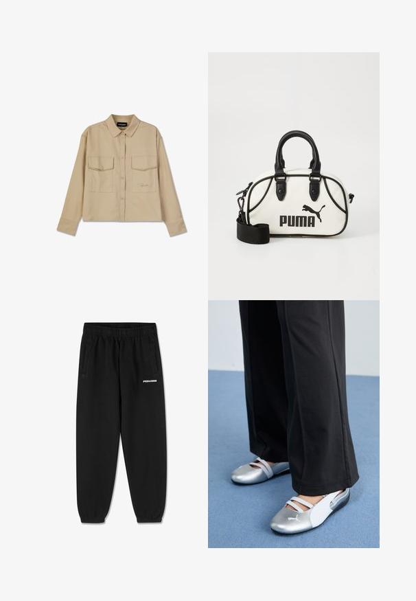 Beige overhemd met lange mouwen van zachte stof, met knoopsluiting, twee borstzakken en een rechte zoom. Subtiele logo borduring aan de voorkant.; Witte T-shirt met korte mouwen en ronde hals, gemaakt van katoen. Heeft een zwart "PEGADOR" logo gedrukt op de borst. Eenvoudige, vierkante vorm.; Zwarte sweatpants van zacht materiaal, met een verstelbare tailleband, taps toelopende benen en zijzakken. "PEGADOR" logo in het wit op de voorkant.; Zilveren en witte platte schoenen met kruislingse banden en textuurdetails, aangevuld met losse zwarte broeken. Geplaatst tegen een blauwe vloer.; Witte handtas met zwarte accenten, met een Puma-logo. Korte, ronde handvatten en een afneembare schouderband, gemaakt van textuursynthetisch materiaal.