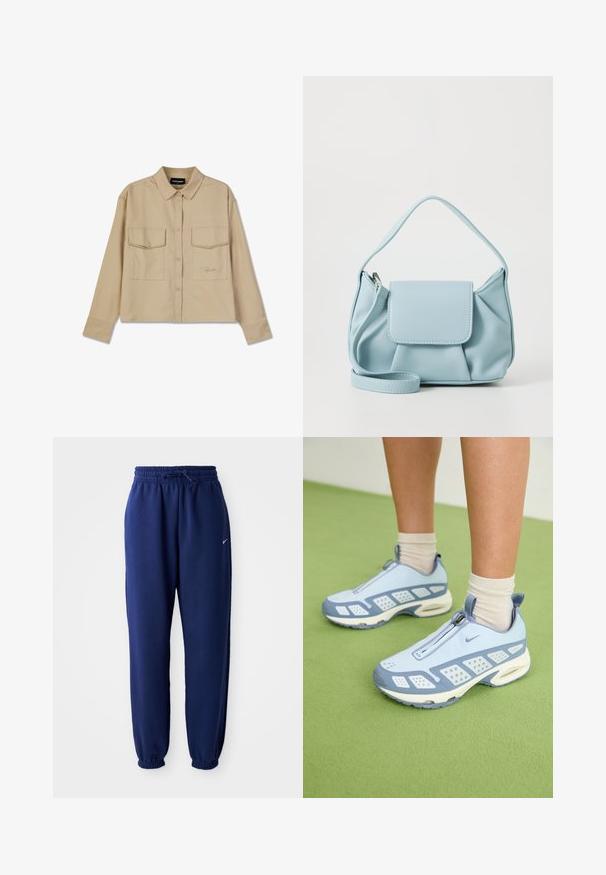Camisa de manga larga beige, hecha de una tela suave, con cierre de botones, dos bolsillos en el pecho y un dobladillo recto. Bordado sutil del logotipo en la parte delantera.; Pantalones de chándal azul marino hechos de una tela suave, que cuentan con una cintura elástica con cordón, puños elásticos y un pequeño logo blanco.; Zapatos deportivos azul claro con acentos blancos, paneles texturizados y cierre de cremallera. Presentan una suela con amortiguación de aire visible y suela de goma.; Bolso de mano de cuero azul claro con un asa en la parte superior, bolsillo con solapa en el frente y correa para la muñeca desmontable sobre un fondo blanco.