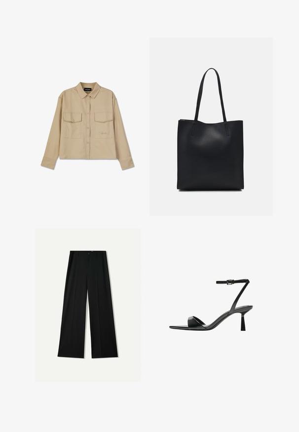 Beige hosszúujjú ing puha anyagból, gombos záródással, két mellzsebbel és egyenes aljjal. Diszkrét logó hímzés az elején.; Bershka WIDE - Nadrágok - black; Bershka Magas sarkú szandálok - black; Fekete bőrtáska sima felszínnel, téglalap alakú, két hosszú füllel. Nincs látható fémkiegészítő vagy díszítés.