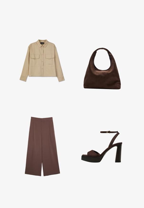 Beige long-sleeve shirt made of soft fabric, featuring button closure, two chest pockets, and a straight hem. Subtle logo embroidery on front.; Brown wide-leg trousers with a smooth texture, featuring a high waist and front pleats. The fabric is lightweight and flows loosely.; Brown suede high-heeled sandal with an open toe, adjustable ankle strap, and a striped platform sole.; Soft brown hobo-style handbag with a single wide strap and a curved top handle opening, displayed on a white background.