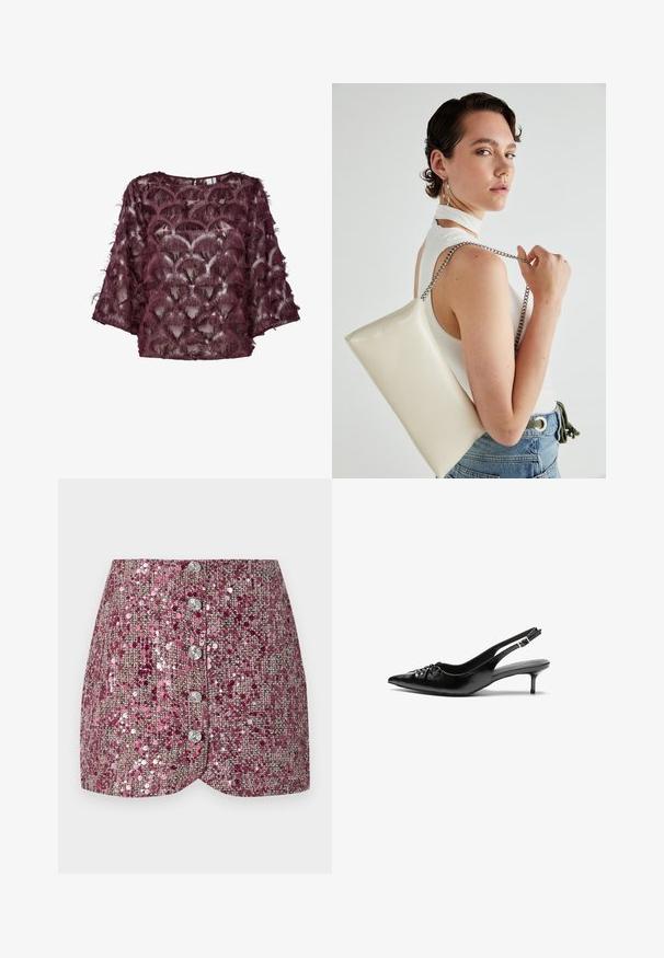 Burgunderfarbige transparente Bluse mit strukturierten, federartigen Verzierungen, runder Ausschnitt und weiten Ärmeln. Das Muster ähnelt Muscheln.; Rosa Paillettenrock mit strukturiertem Gewebe, mit körperbetontem Schnitt und fünf silbernen Knöpfen auf der Vorderseite. Formgesäumt mit schimmernden Akzenten.; Schwarze Leder-Slingback-Absätze mit einer spitzen Zehenform, kleinen Kitten-Absätzen und einem dekorativen Knoten-Detail auf der Vorderseite. Glatte Textur über die gesamte Fläche.; Weiße rechteckige Clutch aus glänzendem Material mit einem silbernen Kettenriemen. Das Model posiert und präsentiert die Tasche vor einem schlichten Hintergrund.