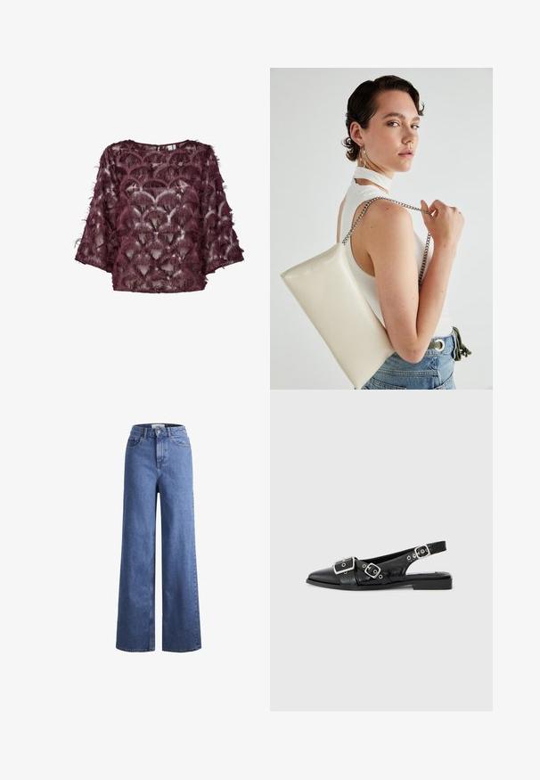 Blusa trasparente color borgogna con decorazioni testurizzate simili a piume, caratterizzata da un collo arrotondato e maniche larghe. Il motivo assomiglia a conchiglie.; Jeans ampia in denim azzurro chiaro con vita alta, due tasche anteriori e cuciture in vista. Presentano una chiusura con bottone e zip.; Scarpa slingback in pelle nera con punta appuntita, due fibbie argentate e tacco basso a blocco. Presenta una tomaia testurizzata e un retro aperto.; Borsa a pochette rettangolare bianca realizzata in materiale lucido, con una tracolla in catena argentata. Il modello posa, mostrando la borsa su uno sfondo semplice.