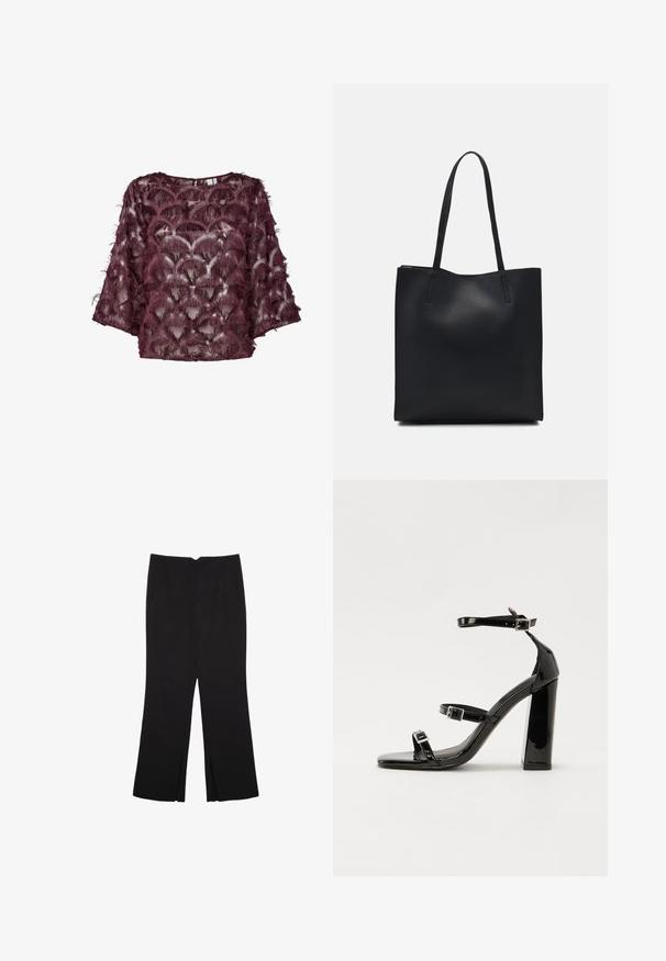 Burgundijska prozirna bluzica s teksturiranim ukrasima nalik perima, s okruglim izrezom i širokim rukavima. Uzorak podsjeća na školjke.; Crne hlače ravnog kroja, s prednjim džepovima i bočnim prorezima na rubu. Izrađene od mekog i glatkog materijala. Pogodne za razne prigode.; Crne lakirane sandale na pete sa kvadratnim nosom, trakama oko gležnja i srebrnim kopčama. Imaju čvrst blok petu za stabilnost.; Crna kožna torba za nošenje s glatkom teksturom, pravokutnim oblikom i dvije duge ručke. Nema vidljivih metalnih dijelova ili ukrasa.
