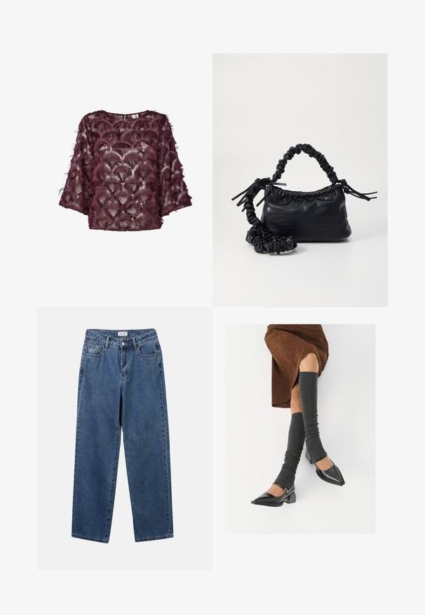 Burgundy sheer blouse with textured feather-like embellishments, featuring a rounded neckline and wide sleeves. Pattern resembles scallops.; Classic blue denim jeans with a straight-leg design, five pockets, and a button closure. Features a medium wash and sturdy texture.; Black patent leather pointed-toe shoes with a block heel and ankle strap, paired with gray ribbed leg warmers and a brown suede skirt.; Black faux leather handbag with a crocodile texture, cinched top, and a scrunched strap. Appears soft and compact in design.