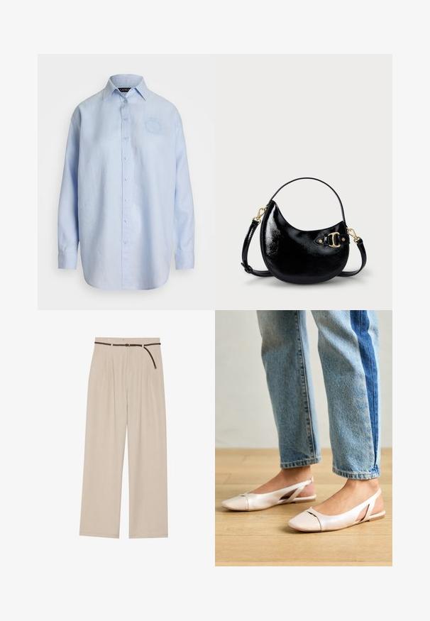 Ανοιχτό μπλε πουκάμισο από λινό, με μακριά μανίκια, κλασικό γιακά και κεντητό λογότυπο στο αριστερό στήθος.; Μπεζ παντελόνα με φάρδος και πιέτες, κατασκευασμένη από ελαφρύ ύφασμα, με πλεκτή καφέ ζώνη και ίσιο τελείωμα.; Ανοιχτό ροζ εσπαντρίγες με μυτερές μύτες, κατασκευασμένες από υλικό που μοιάζει με δέρμα. Διαθέτουν κομψές κοπές στα πλάγια και επίπελο τακούνι.; Μαύρη πατενταρισμένη δερμάτινη τσάντα χειρός με καμπυλωτό σχήμα, ρυθμιζόμενο λουρί και χρυσές λεπτομέρειες στην πλευρά. Λείος, γυαλιστερός υφάνισμα.