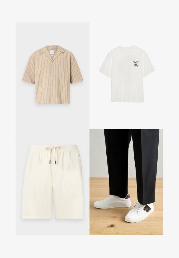 Košile na knoflíky s krátkým rukávem v béžové barvě s vertikálními modrými pruhy. Má kempový límec a volný střih. Vyrobena z měkké, texturované látky.; Bílý bavlněný tričko s krátkými rukávy a kulatým výstřihem, s vyšívaným květinovým motivem v růžové a černé na levé části hrudi.; Krémové šortky vyrobené z texturované tkaniny s kostkovaným vzorem. Mají elastický pas se stahovací šňůrkou a dvě boční kapsy.; Bílé tenisky s hladkým povrchem, s hnědými koženými akcenty a černými detaily, kombinované s černými kalhotami na míru. Pozadí tvoří dřevěná podlaha.