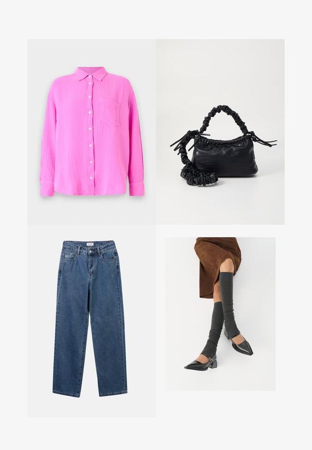 Lightweight, long-sleeve shirt in bright pink cotton. Features a buttoned front, a collar, and a single chest pocket. Textured fabric.; Classic blue denim jeans with a straight-leg design, five pockets, and a button closure. Features a medium wash and sturdy texture.; Black patent leather pointed-toe shoes with a block heel and ankle strap, paired with gray ribbed leg warmers and a brown suede skirt.; Black faux leather handbag with a crocodile texture, cinched top, and a scrunched strap. Appears soft and compact in design.