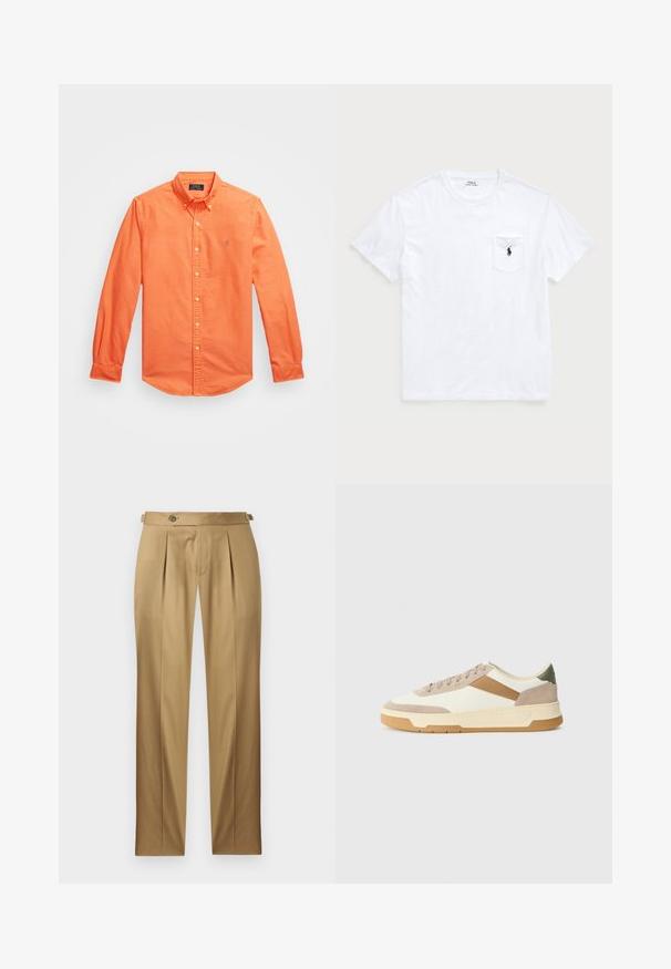 Ilgi piedurkņu pogājams krekls spilgti oranžā kokvilnā, ar klasisku apkakli, diskrētu logotipa izšuvumu un pogātiem aprocēm.; Balts kokvilnas T-krekls ar apaļu kakla izgriezumu, īsām piedurknēm un krūšu kabatu ar tumši zilu logotipu. Viegla dizaina, gluda tekstūra.; Bēša krāsas bikses ar taisnu piegriezumu, ar krokām, pogas aizdari un jostas cilpām. Gluda auduma ar tīru, šūtu izskatu.; Beige, krēmas un olīvzaļas kedas, kas izgatavotas no zamšādas un ādas materiāliem, ar apaļu purngalu, minimālistisku dizainu un gumijas zoli.