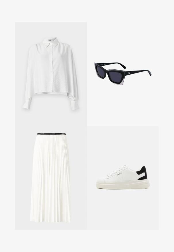 Camicia bianca con bottoni, dal fit rilassato, con colletto aperto, maniche lunghe e orlo leggermente accorciato. Tessuto liscio e leggero.; Gonna bianca plissettata con elastico nero in vita che presenta il logo "LACOSTE". Design di lunghezza media con texture morbida.; Sneaker bianchi in pelle con suola spessa bianca, accento in suede nero sul tallone e logo impresso sul lato. Design con lacci e sei fori per i lacci.; Occhiali da sole oversize neri dalla forma geometrica, con lenti scure e un dettaglio grigio a contrasto sulla montatura. Logo sul braccio.