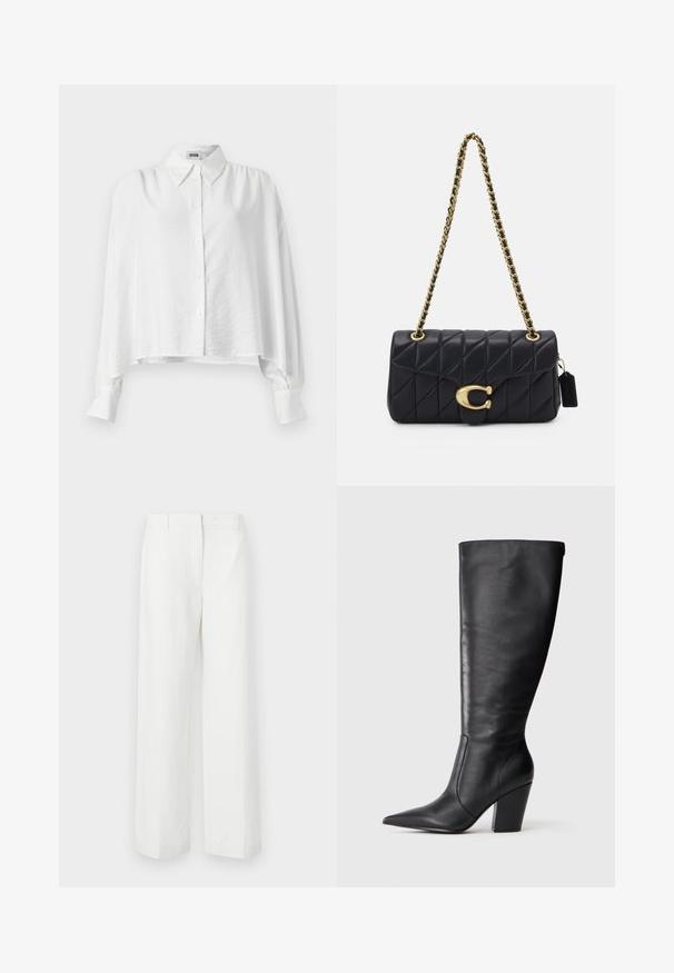 Bílá košile s pohodlným střihem, s rozloženým límečkem, dlouhými rukávy a mírně zkráceným lemem. Hladká, lehká tkanina.; Bílé kalhoty s širokými nohavicemi a hladkým povrchem, s plochým předním dílem a nažehlenými skladmi. Vyrobené z lehkého materiálu, bez viditelných vzorů.; Černá kožená vysoká bota po kolena s špičatou špičkou a robustním vysokým podpatkem, zobrazená v levém bočním profilu na bílém pozadí.; Černá prošívaná kabelka se zlatým řetízkovým popruhem, s výraznou zlatou sponou a malou visačkou, která se pyšní texturovaným koženým povrchem.