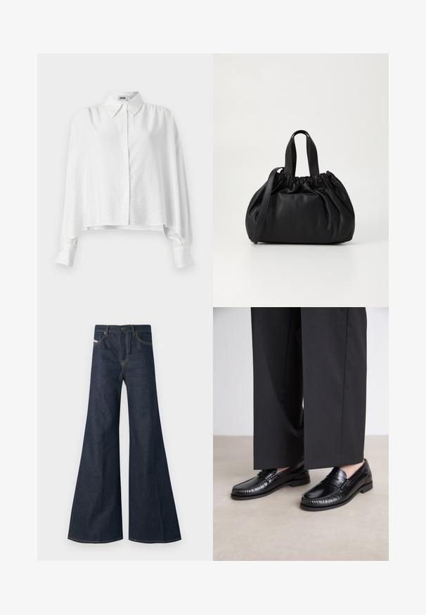 Weißes Hemd mit entspanntem Schnitt, ausgestattet mit einem Kentkragen, langen Ärmeln und einem leicht verkürzten Saum. Glattes, leichtes Material.; Dunkelblaue ausgestellte Jeans aus Denim, mit hohem Bund, goldenen Nähakzenten und zwei Fronttaschen mit Knopfverschluss.; Schwarze Lederloafers mit glatter Oberfläche, genähten Details um die Zehen und einer niedrigen Gummisohle. Kombiniert mit weiten schwarzen Hosen.; Schwarze Lederhandtasche mit einem gerafften Oberteil, ausgestattet mit zwei kurzen Griffen und einem langen verstellbaren Schulterriemen. Glatte Textur, runde Form.