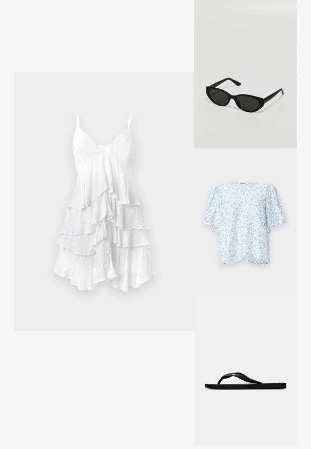Blouse à motifs floraux en bleu clair et blanc, dotée de manches bouffantes courtes et d'une coupe décontractée avec un col rond et une fermeture à l'arrière.; Robe blanche sans manches avec des couches volantes, fabriquée en tissu léger portant des motifs en œillets et une texture délicate. Design à col en V.; Tong sandale en caoutchouc noir avec une bride en T texturée et une semelle plate simple, montrée de côté sur un fond clair.; Lunettes de soleil noires avec une forme étroite et en œil de chat. Fabriquées en plastique lisse, elles présentent des verres foncés et de subtils accents de logo sur les branches.