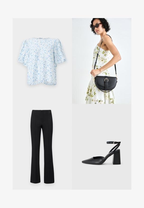 Bluzica s cvetnim vzorcem v svetlo modri in beli barvi, ima kratke napihnjene rokave, sproščen kroj z okroglim izrezom in zanko na hrbtu.; Črne razširjene hlače z rebrasto teksturo in oprijetim pasom. Oblikovanje vključuje navpične šive za optimiziran videz. Brez vidnih kovinskih delov.; Črne usnjene klasične čevlje z ostrim nosom, z zaponko za gleženj in debelim peto. Ravna tekstura, eleganten dizajn in minimalistična estetika.; Črna usnjena torbica s ukrivljeno obliko, z odstranljivo naramnico in zlatimi dodatki. Torbica ima pokrov s podrobnostmi v obliki zaponke.