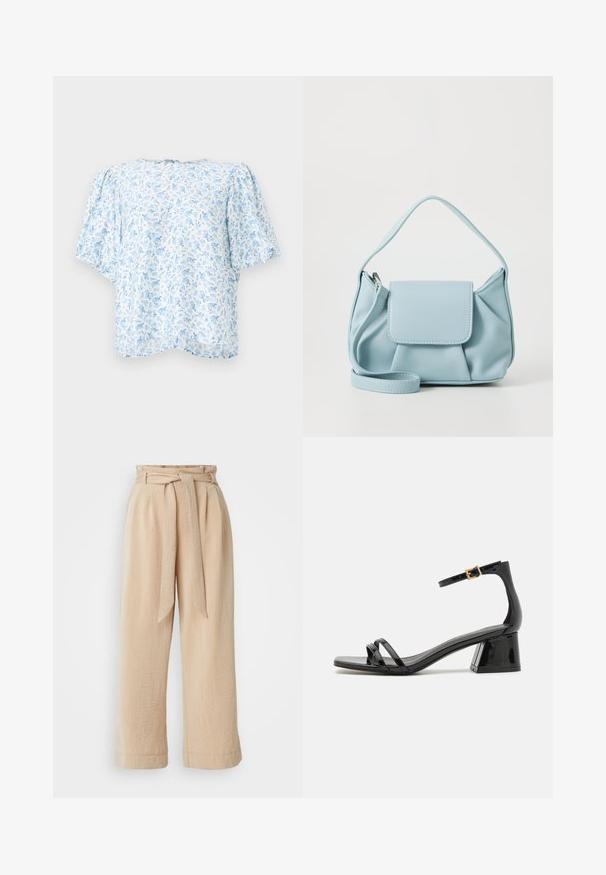 Floral-patterned blouse in light blue and white, featuring short puff sleeves and a relaxed fit with a round neckline and back closure.; Beige wide-leg trousers with a belted waist, made of textured fabric. Features a front pleat and a smooth finish along the hem.; Black patent leather sandal with three narrow straps and a square toe, featuring a chunky heel and an adjustable ankle strap with a gold buckle.; Light blue leather handbag with a top handle, front flap pocket, and detachable wrist strap on a white background.