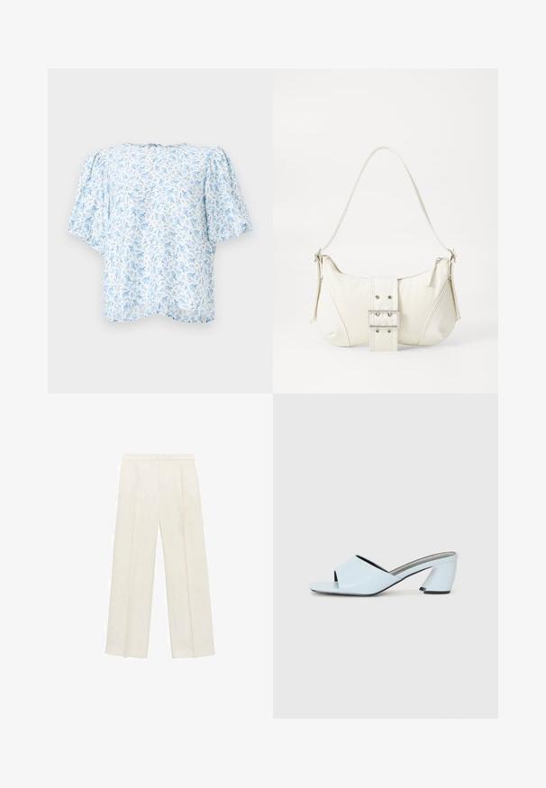 Bluse med blomstermønster i lyseblå og hvid, med korte pufærmer og en afslappet pasform, rund halsudskæring og lukning i ryggen.; Bredbenede bukser i en lys cremefarve. Fremstillet af et glat stof med plisseringer foran og sidelommer.; Lyseblå åbne tå hæle mules med et geometrisk design, der har en bred rem over foden og en kraftig, vinkelret hæl.; Hvid skuldertaske med en tekstureret overflade, et centralt spænde og en buet form. Lynlåslukninger på begge sider.