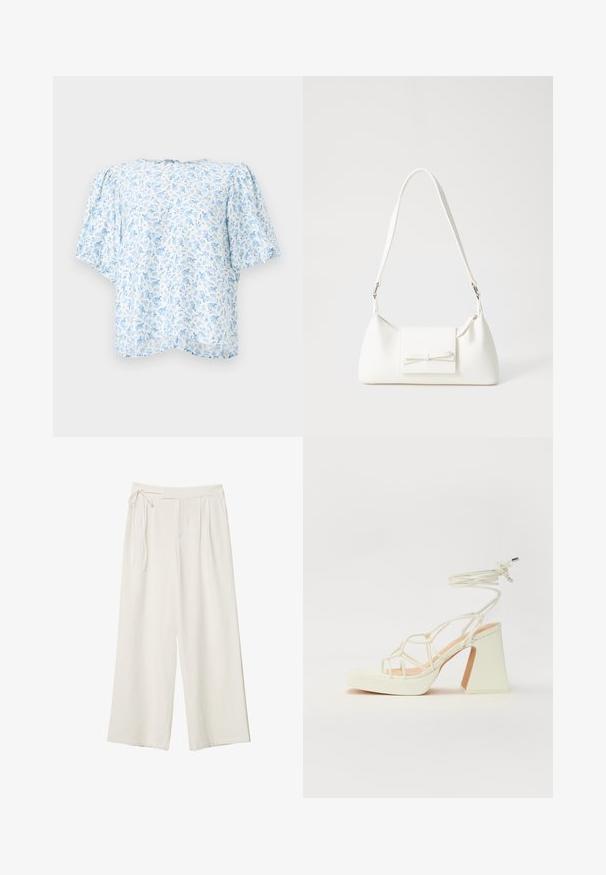 Halenka s kvetinovým vzorom v svetlo modrej a bielej farbe, s krátkymi naberanými rukávmi a voľným strihom s okrúhlym výstrihom a zapínaním na chrbte.; Dlhé nohavice v off-white materiáli s hladkou textúrou. Obsahujú viazaný pás a plisovaný predok, navrhnuté pre voľný strih.; Biele sandále na vysokom opätku s hrubým podpätkom, s pruhovaným dizajnom a viazaním na členku. Hladký povrch s platformou vpredu pre zvýšenú výšku.; Biela syntetická kabelka s trojuholníkovým tvarom, plochým predným klapkou a detailom mašle, nastaviteľným popruhom, hladkou textúrou a minimalistickým dizajnom.