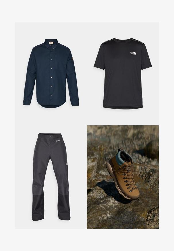 Tamsiai mėlyna mygtukų marškiniai su ilgomis rankovėmis, smailiu apykakle ir viena krūtinės kišene. Yra metaliniai mygtukai ir logotipas ant rankovės.; Juodas trumpas rankovės marškinėliai, pagaminti iš lengvos medžiagos. Yra mažas baltas logotipas kairiajame krūtinės pusėje ir subtilūs pečių akcentai.; Juodos vandeniui atsparios kelnės su lygiu paviršiumi, su GORE-TEX logotipu priekyje ir sustiprintomis apačiomis dėl ilgaamžiškumo.; Rudi žygio batai su sintetine viršutine dalimi, šviesiai mėlynu apvadu, metaliniais akių laikikliais ir tekstūruotu gumuotu padu. Sukurti lauko veikloms.