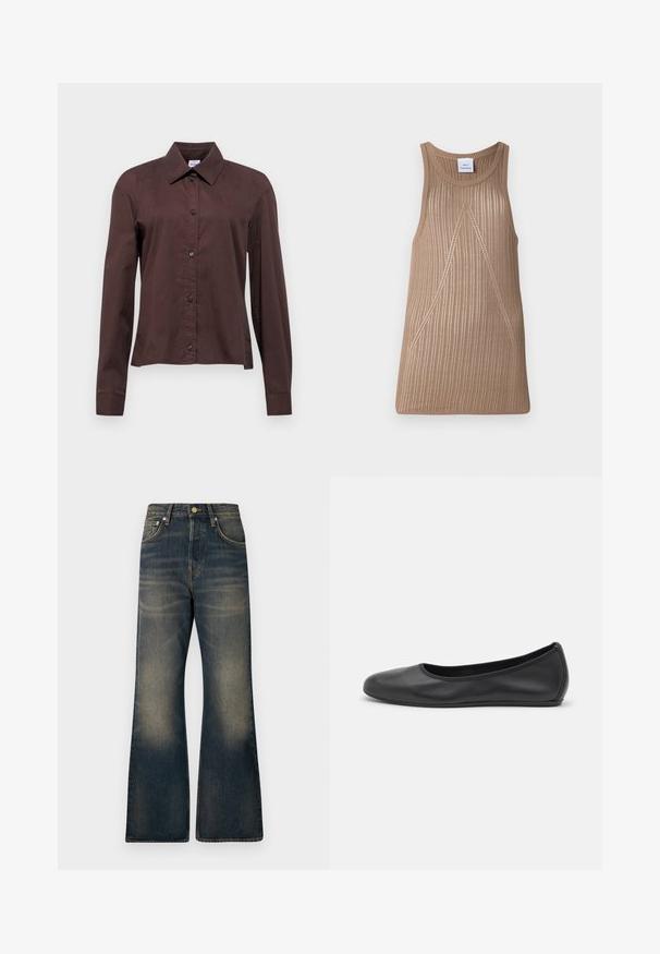 Chemise boutonnée marron foncé à manches longues, avec un col pointu et des boutons noirs. Fabriquée dans un textile lisse au motif uni.; Débardeur en tricot beige sans manches avec une texture côtelée, présentant une forme en A et des détails de couture diagonale subtils.; Jean flare en denim bleu foncé avec un délavage, comportant cinq poches, une fermeture à bouton et des détails de couture contrastants.; Ballerines en cuir noir avec un bout rond, texture lisse, détails de couture minimalistes et design de semelle flexible.