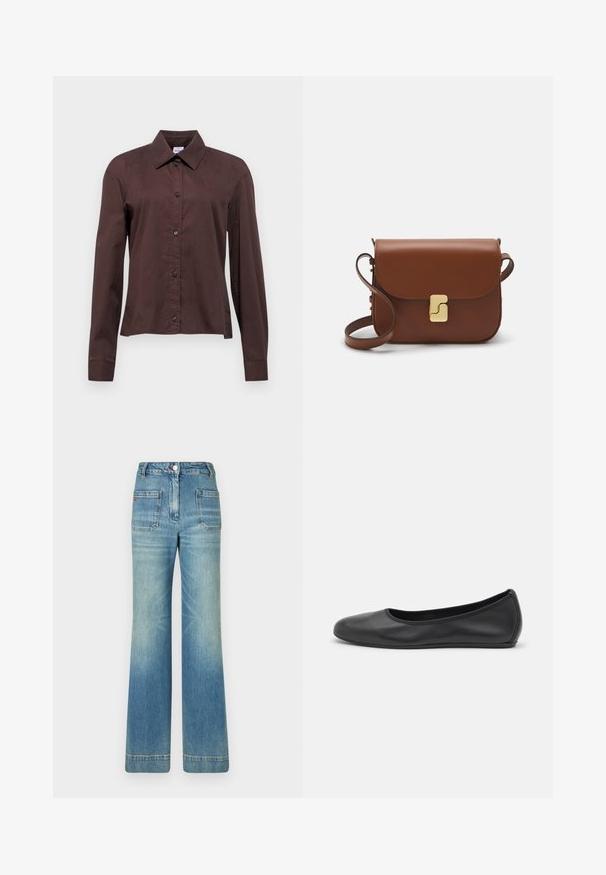 Tummanruskea nappipaita pitkillä hihoilla, terävä kauluksella ja mustilla napeilla. Valmistettu sileästä kankaasta, jossa on tasainen kuosi.; Valkoinen lyhythihainen t-paita, joka on valmistettu ribbytedusta kankaasta. Pyöreä pääntiie, normaali istuvuus ja hienovaraiset ompeluyksityiskohdat. Ei kuvioita tai grafiikkaa.; Vaaleansiniset farkut leveällä lahkeella, joissa on viisi taskua, vyölenkit, nappisulku ja hieman haalistunut pinta, sekä punainen logotyyppitys takana.; Musta nahkainen ballerina, jossa on pyöristetty kärki, sileä pinta, minimaalinen ommelkoristelu ja joustava pohjamuotoilu.; Ruskea nahkainen käsilaukku, jossa on läppäkiinnitys, kultasävyiset yksityiskohdat, olkahihna ja sileä pinta. Kompaktin suorakaiteen muotoinen.