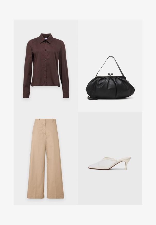 Dark brown button-up shirt with long sleeves, a pointed collar, and black buttons. Made from a smooth textile with a solid pattern.; Beige wide-leg trousers with a smooth cotton fabric, featuring a tailored waist and flat front, designed for a relaxed fit and clean lines.; White mesh pointed-toe mule with a slim mid-height heel and slip-on design against a plain background.; Black leather handbag with a rounded, pleated design. Features a metallic clasp with two decorative balls and a slim, detachable strap.