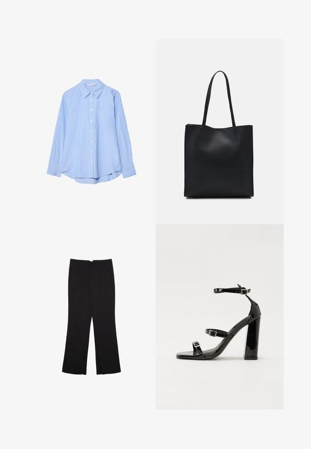 Jasnoniebieska koszula z długim rękawem w białe pionowe paski, z zapinaniem na guziki, kołnierzykiem w szpic i jedną kieszenią na piersi. Gładka faktura materiału.; Czarne spodnie o prostym kroju, z przednimi kieszeniami i bocznymi rozcięciami na dole. Wykonane z miękkiego, gładkiego materiału. Odpowiednie na różne okazje.; Czarne lakierowane sandały na obcasie z kwadratowym noskiem, z paskami wokół kostki i srebrnymi klamrami. Posiadają masywny słupek dla stabilności.; Czarna skórzana torba tote o gładkiej fakturze, prostokątnym kształcie i dwóch długich uchwytach. Brak widocznych elementów metalowych i ozdób.