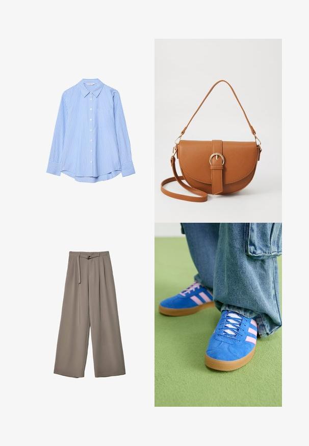Light blue long-sleeve shirt with white vertical stripes, button front, pointed collar, and a single chest pocket. Smooth fabric texture.; Wide-leg trousers in a soft, muted grey fabric, featuring a belted waist and pleats for added design detail. Smooth texture, no patterns.; Blue suede shoes with pink stripes and white laces, featuring a gum rubber sole, paired with loose denim pants on a green surface.; Brown leather crossbody bag with a curved shape, gold hardware, and a buckle accent. Features a detachable shoulder strap.